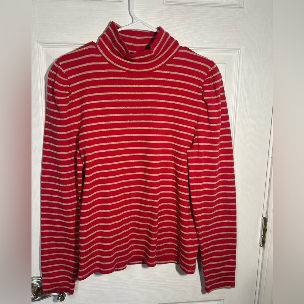 J. Crew Puff-sleeve sparkle stripe turtleneck red gold size XL - Picture 2 of 13